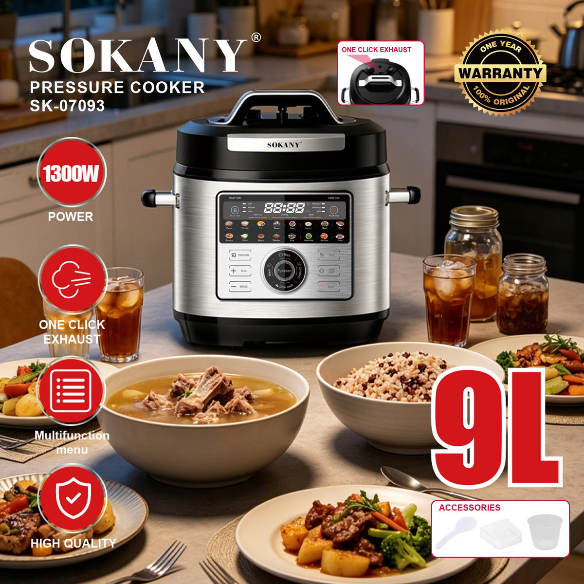 حلة ضغط ديجيتال سوكاني سعة 9 لتر 1300 وات موديل SK-07093
