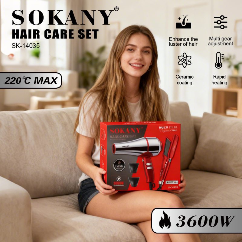 طقم سوكاني 2×1 استشوار استناليس 3600 وات + مكواة شعر بدرجة حرارة 230°C موديل SK-14035