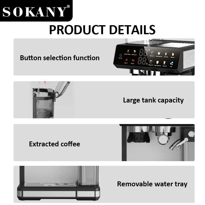 ماكينة قهوة اسبريسو سوكاني 4×1 2.6 لتر 1800 وات 20 بار موديل SK-04032