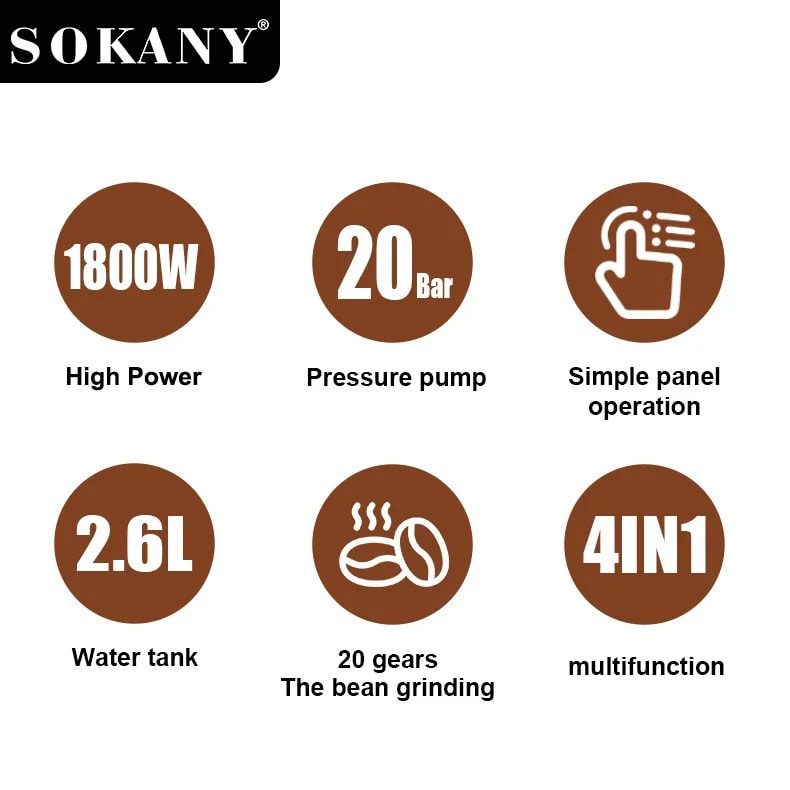 ماكينة قهوة اسبريسو سوكاني 4×1 2.6 لتر 1800 وات 20 بار موديل SK-04032