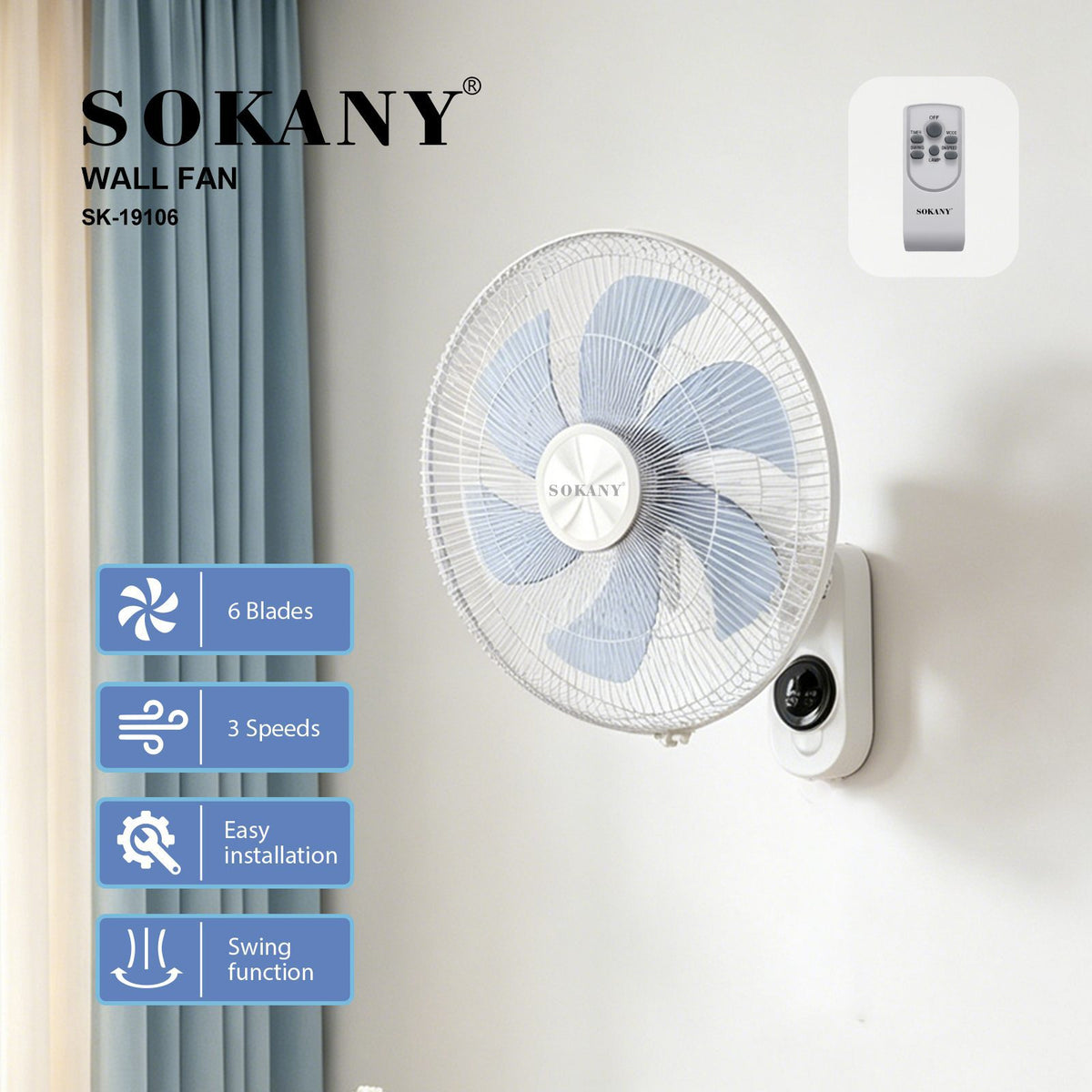مروحة سوكاني حائط 18 بوصة موديل مزودة بريموت SK 19106