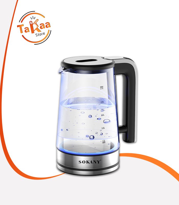 غلاية سوكاني زجاج SK-09077 سعة 2.5 لتر، قدرة 1500 وات، قاعدة دوارة 360 درجة، إضاءة LED أنيقة.