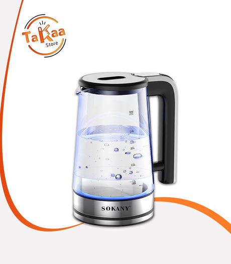 غلاية سوكاني زجاج SK-09077 سعة 2.5 لتر، قدرة 1500 وات، قاعدة دوارة 360 درجة، إضاءة LED أنيقة.