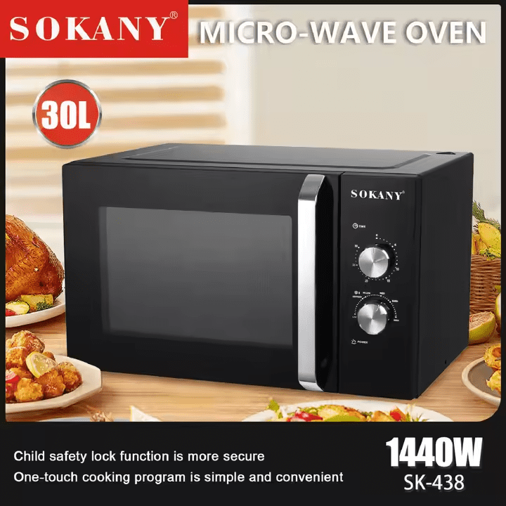 ميكروويف سوكاني 30 لتر 1440 وات بمقابض تحكم يدوية – موديل SK-438 – تصميم أسود أنيق