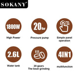 ماكينة قهوة اسبريسو سوكاني 4×1 2.6 لتر 1800 وات 20 بار موديل SK-04032