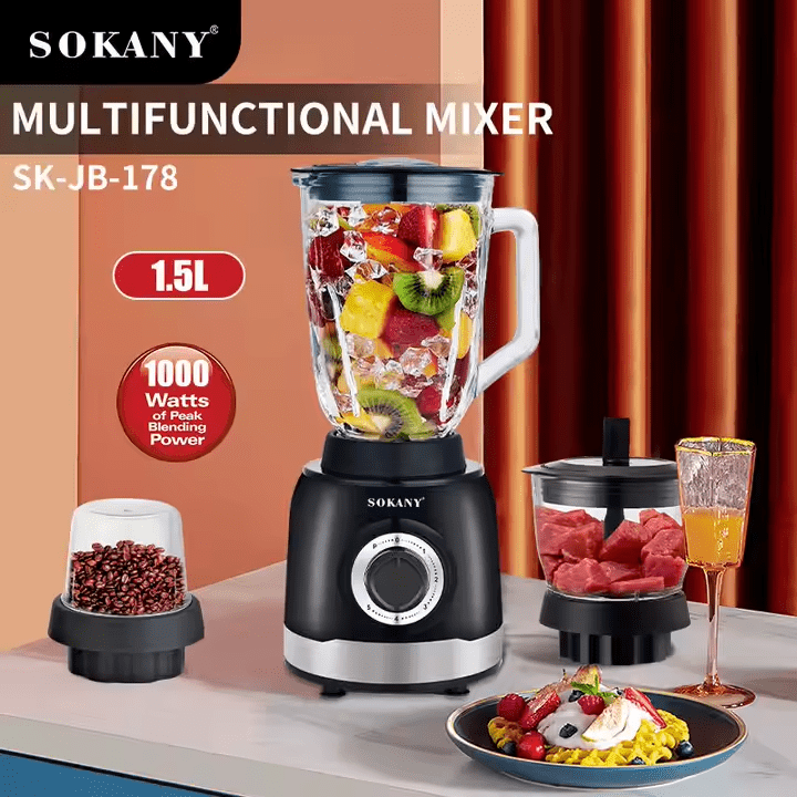 خلاط سوكاني 3×1 وعاء أكريليك 1000 وات 5 سرعات 1.5 لتر موديل SK-178N