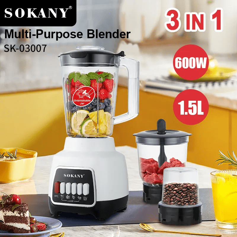 خلاط سوكاني 3×1 600 وات 4 سرعات 1.5 لتر موديل SK-03007