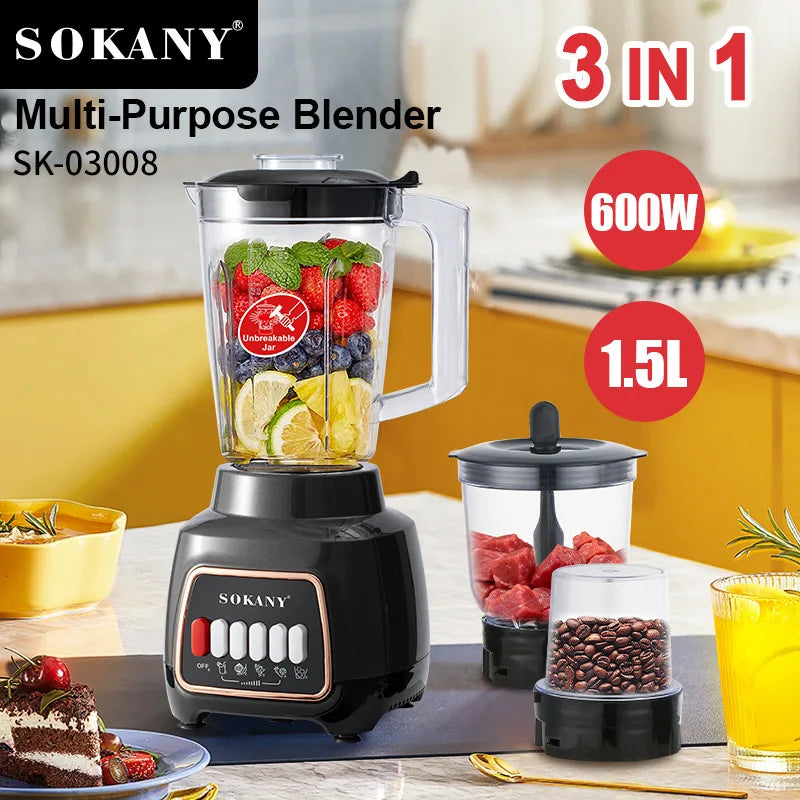 خلاط سوكاني 3×1 600 وات 4 سرعات 1.5 لتر موديل SK-03008