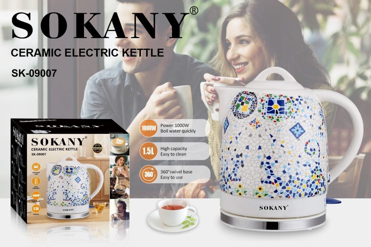 غلاية كهربائية سيراميك من سوكاني موديل SK-09007 بسعة 1.5 لتر وقدرة 1000 وات، تصميم أنيق وقاعدة دوران 360 درجة.