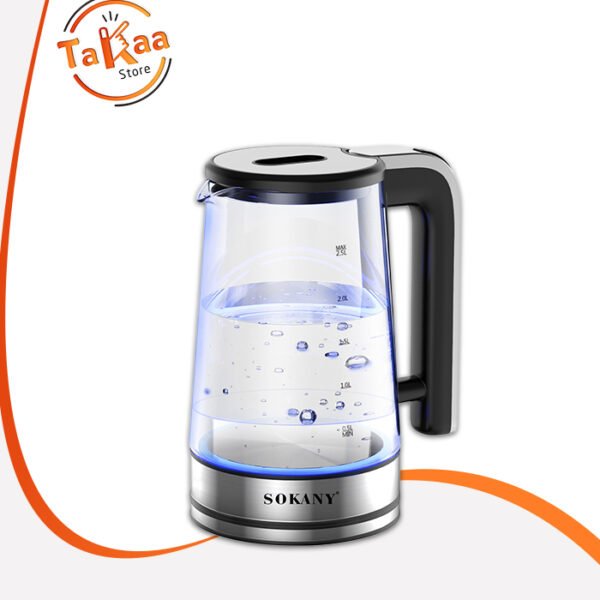 غلاية كهربائية زجاج سوكاني SK-09077 سعة 2.5 لتر، قدرة 1500 وات، قاعدة دوارة 360 درجة، إضاءة LED أنيقة.
